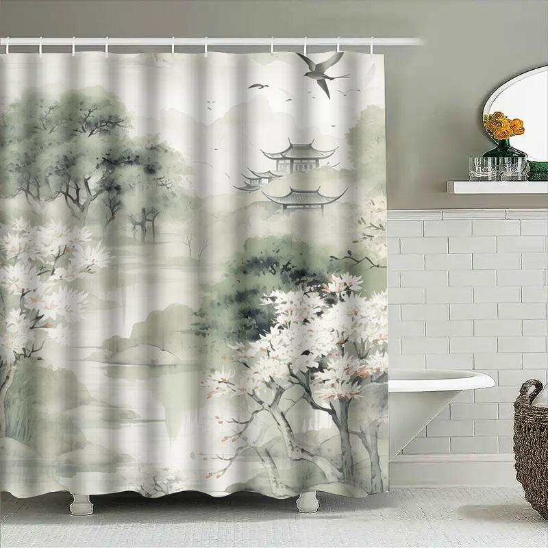 Classic Asian-inspired shower curtain with watercolor design featuring pagodas, cherry blossoms, and nature perfect for a spa-li