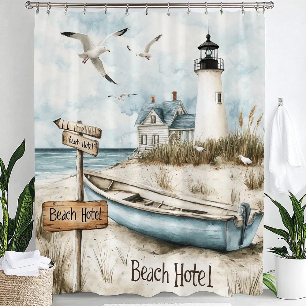 1pc Blue Beach, Lighthouse, Seaside Scenery Print Waterproof Shower Curtain Partition Privacy Hanging Curtain with 12 Hooks