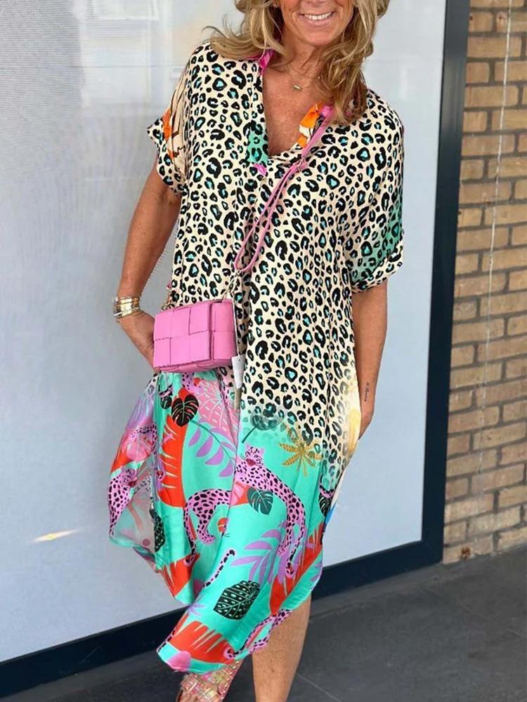 Leopard Print Patchwork Dresses Women V-neck Short Sleeves Pocket Loose Slit Midi Dress