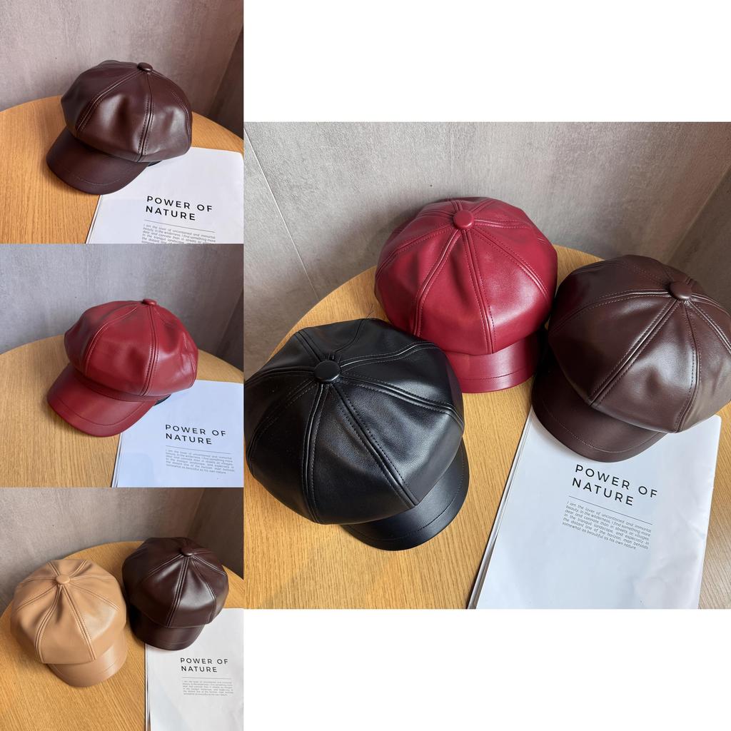 Pu Leather Octagonal Hat For Women With Sun Protection Chic Winter Fashion Accessory