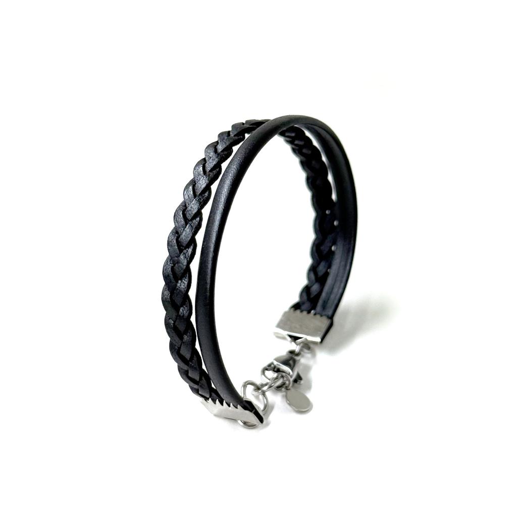 Glory_Arden Surgical Steel Double-Stripe Black Leather Bracelet/Ghmb-310