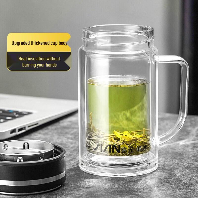 FUGUANG Double-Layer Heat-Resistant Glass Tea Cup with Handle and Filter