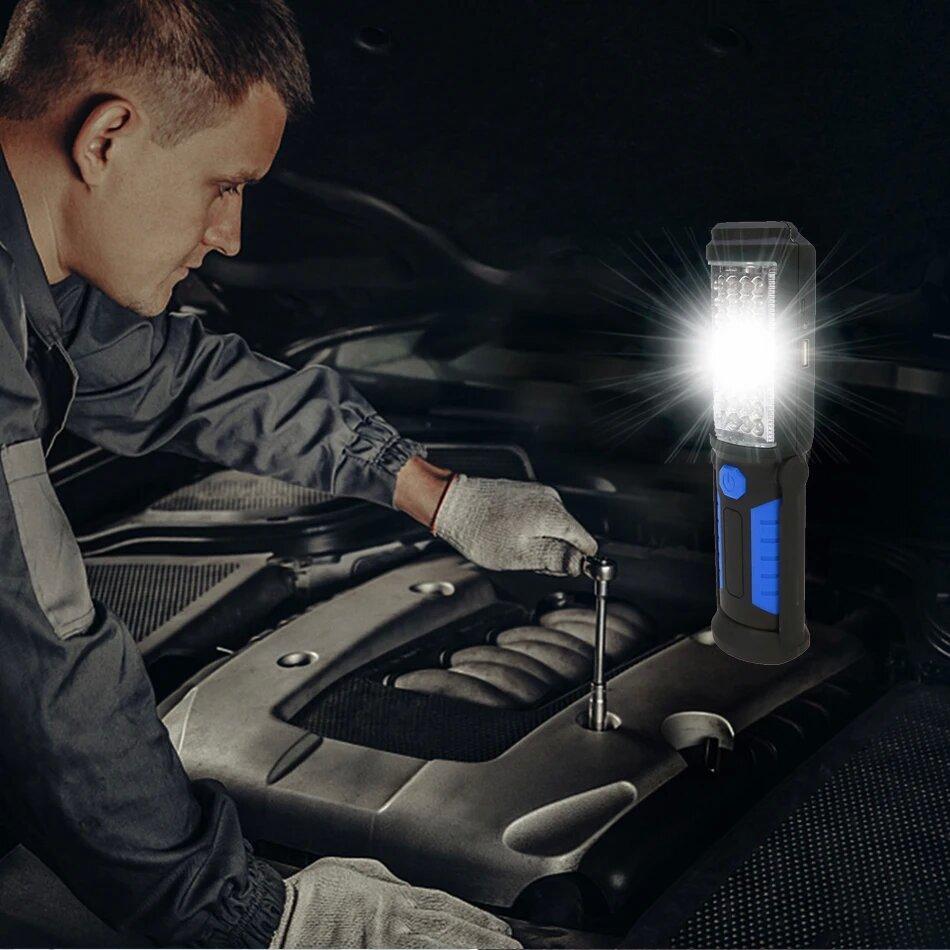 USB Rechargeable COB LED Flashlight Portable Work Light Magnetic Hook Torch Camping Lamp with Built-in Battery Car Repair Lamp