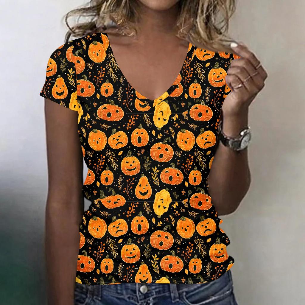 Women's V-Neck Halloween Print Blouse Lightweight Spring Summer Top