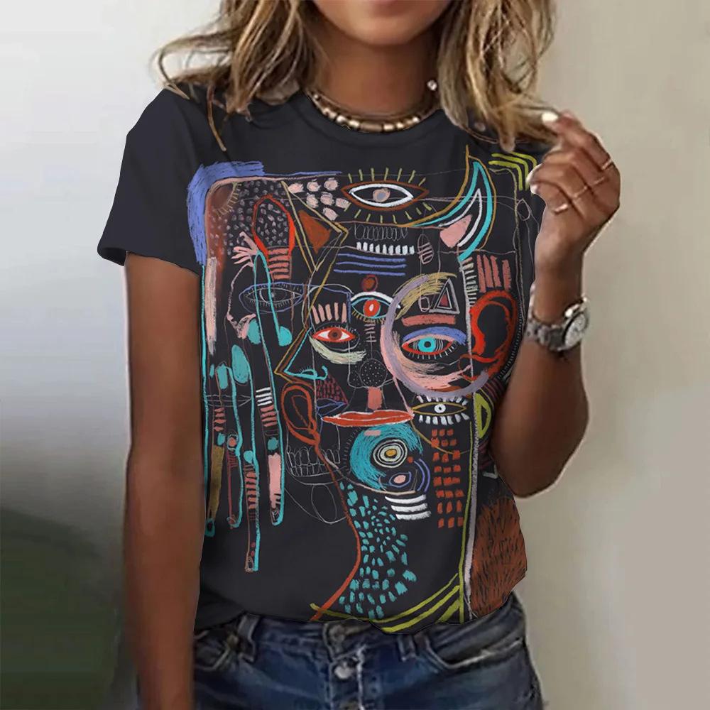 Stampa a quadri moda donna girocollo maniche corte, T-shirt casual quotidiana ampia abbigliamento