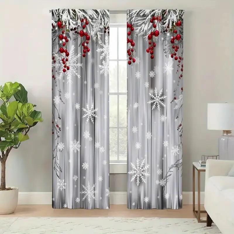 2PCS Digital Print Curtains, Grey Snowflakes Red Winter Berries Pine Branches, Rustic Christmas for Living Room Bedroom Decor