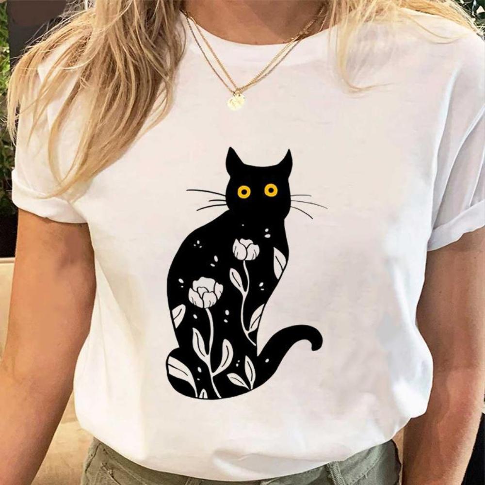Women Print Tees Tshirt Female Clothes Regular Short Sleeve Tops Cat Simple Cute Print Ladies Fashion Cartoon Graphic T-Shirt