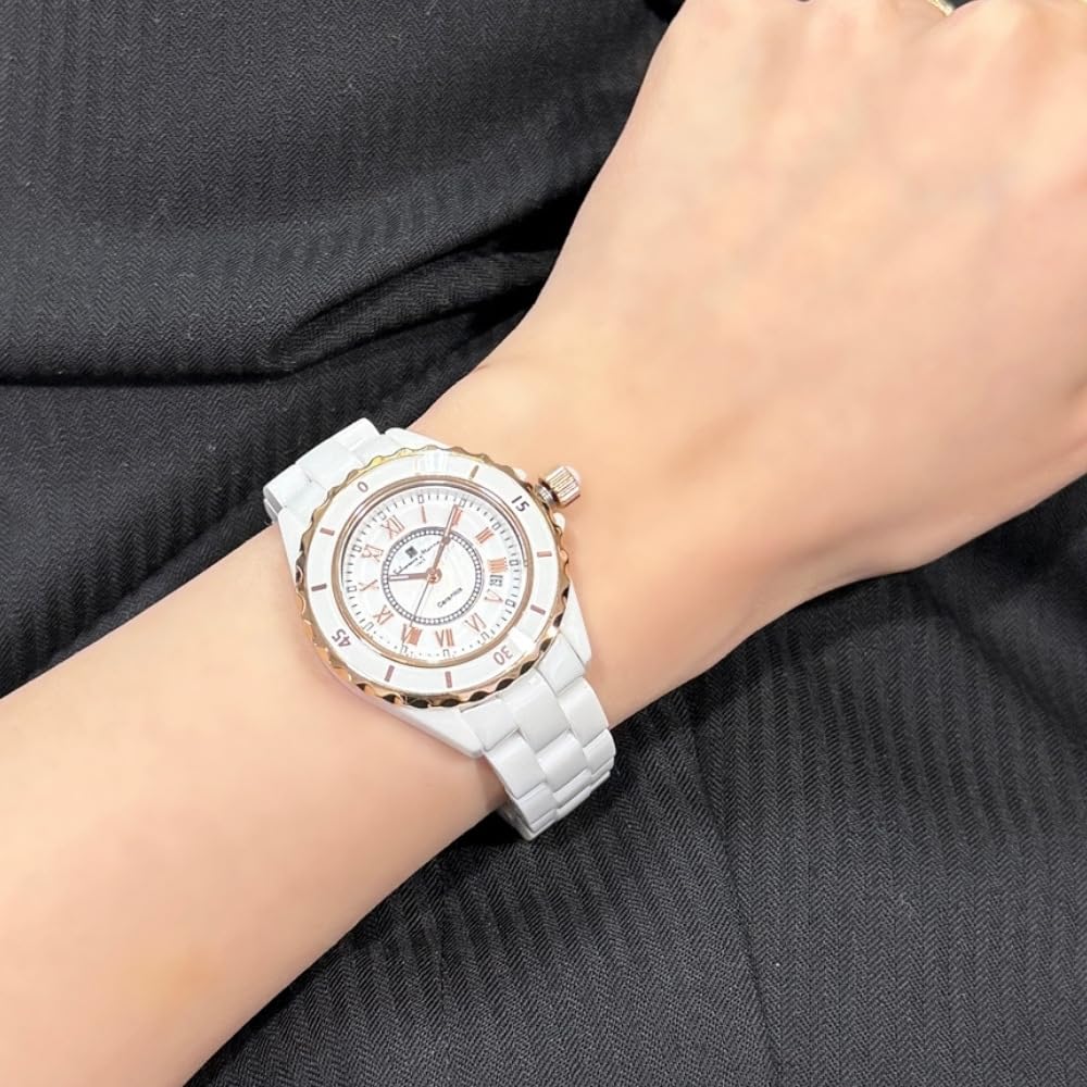 Salvatore Marra Gift Set Salvatore Marra Quartz Watch with Roman Numerals and Ceramic Strap 2 White x Rose (Pre-wrapped) Women's (No. Gold)