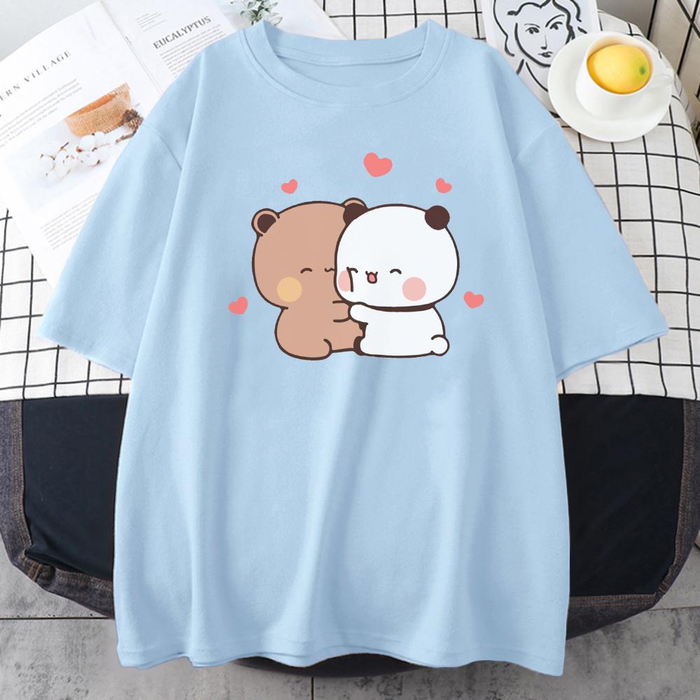 Panda Bear Bubu and Dudu Cute T Shirt Oversized EU Size 100 Cotton Women Tops Cartoon Print Pink Tees ONeck Anime Korean Style