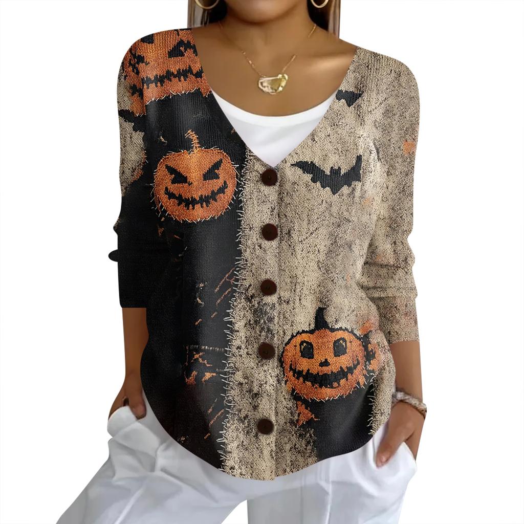 Women's Fashion Casual Knit Sweater Button-Up Halloween Printed  Cardigan Jacket