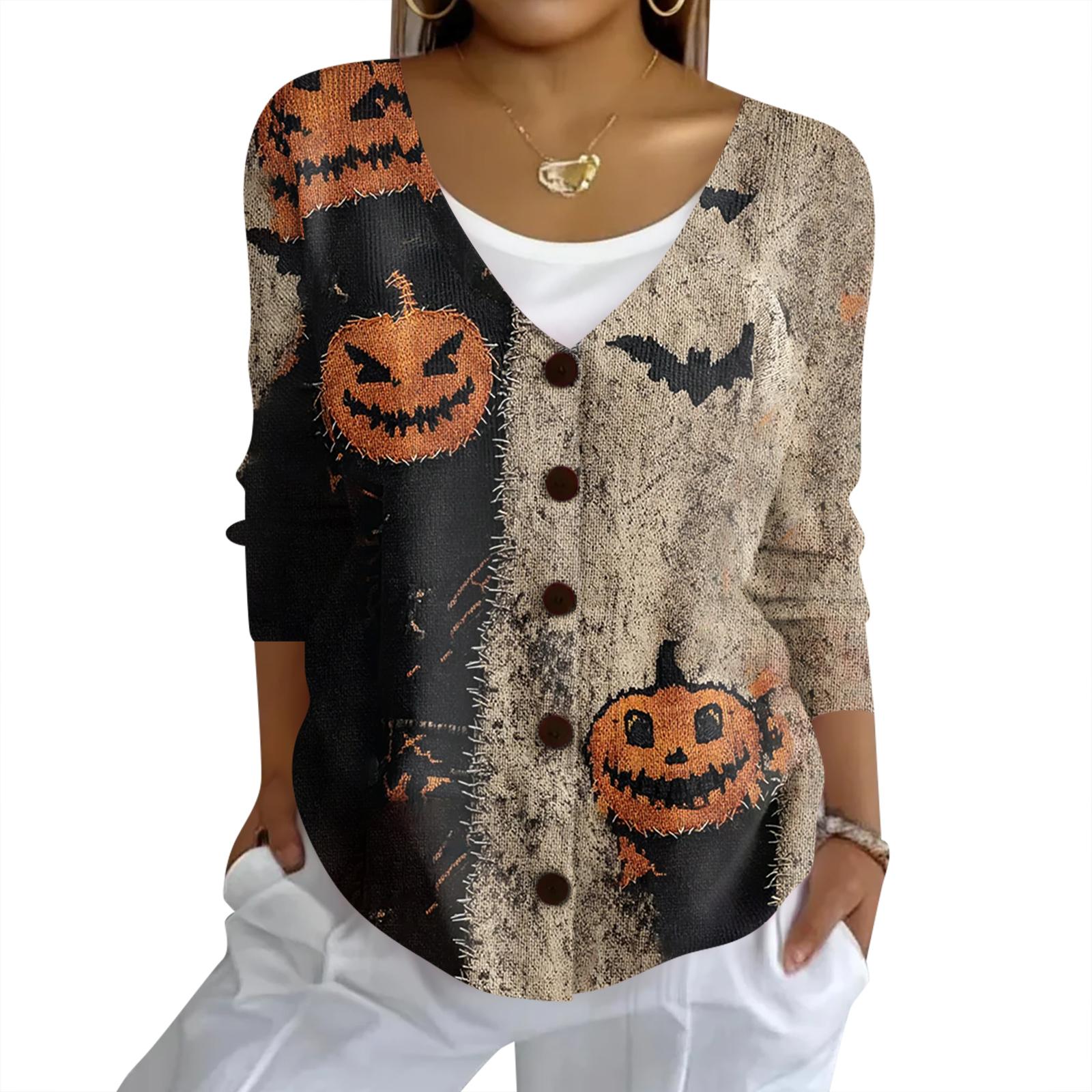 

Женский модный повседневный вязаный свитер на пуговицах, кардиган-жакет с принтом на Хэллоуин L