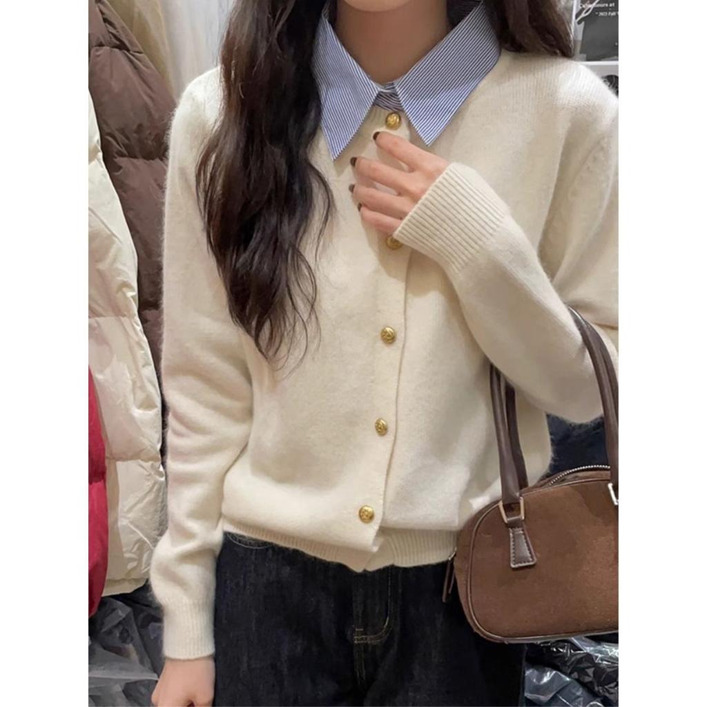 Korean version of gentle wind and thin temperament sweater jacket women's autumn and winter design shirt collar splicing knitted cardigan women