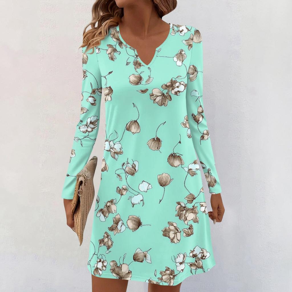 Women's Long-sleeved Casual Midi Dresses V-Neck Print  Casual Dress