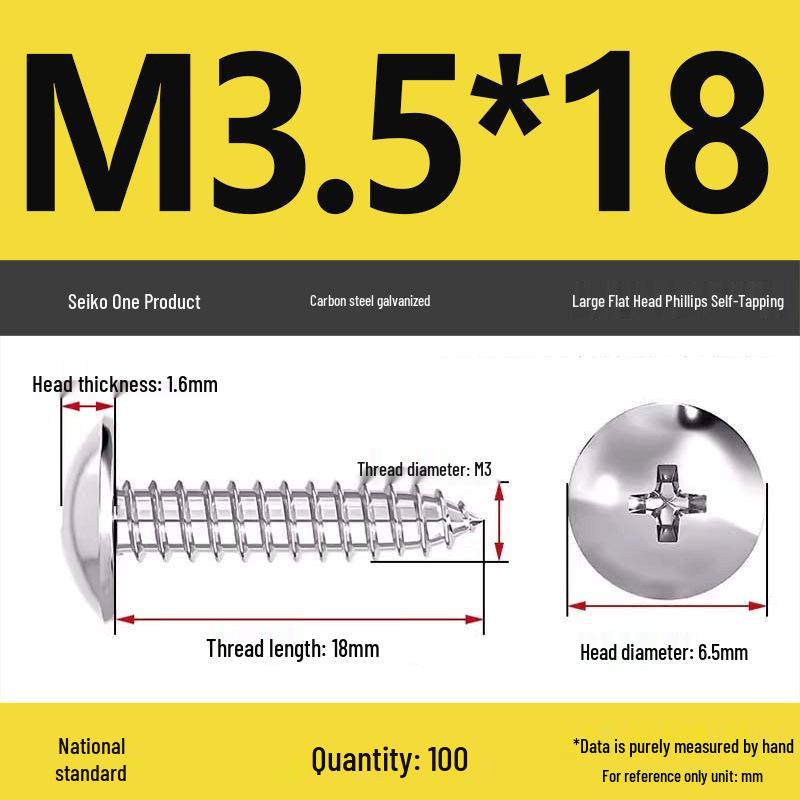 Galvanized M3 Phillips Flat Head Self-Tapping Wood Screws, High-Strength, Large Head