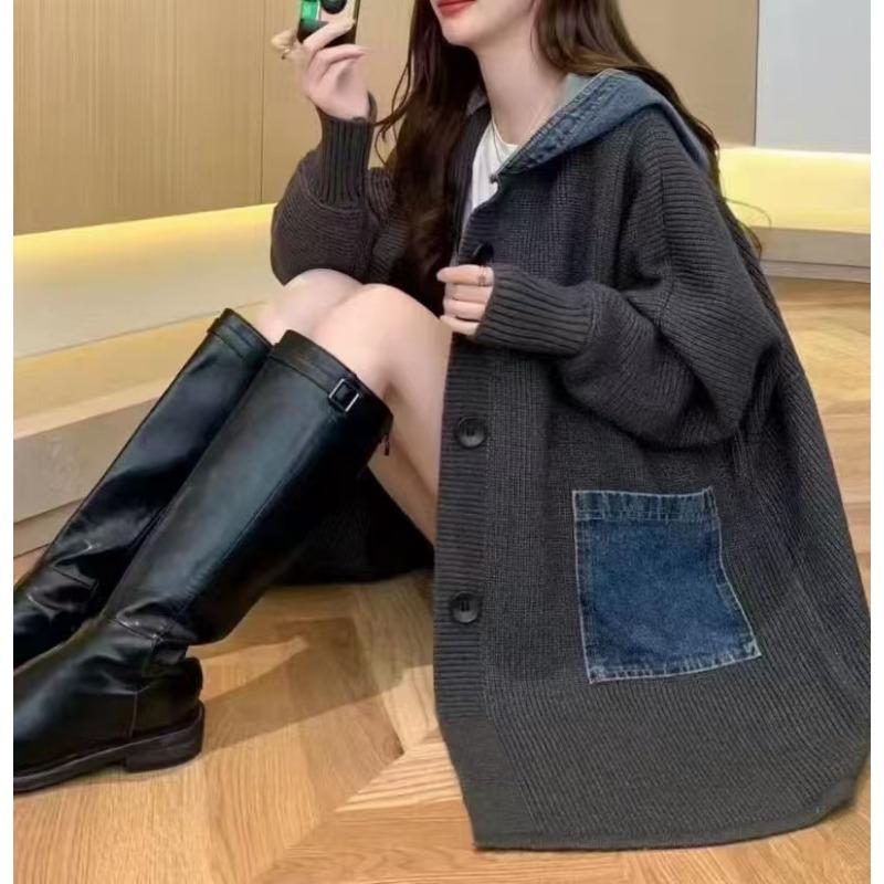 Women S Loose Hooded Long Casual Knit Cardigan Spliced Sweater