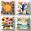4pcs Set, Sofa Pillow Case, Cartoon Sun And Cactus Pillow Case,45x45cm, Single-Sided Print, Home Decoration, Sofa Waist Pi