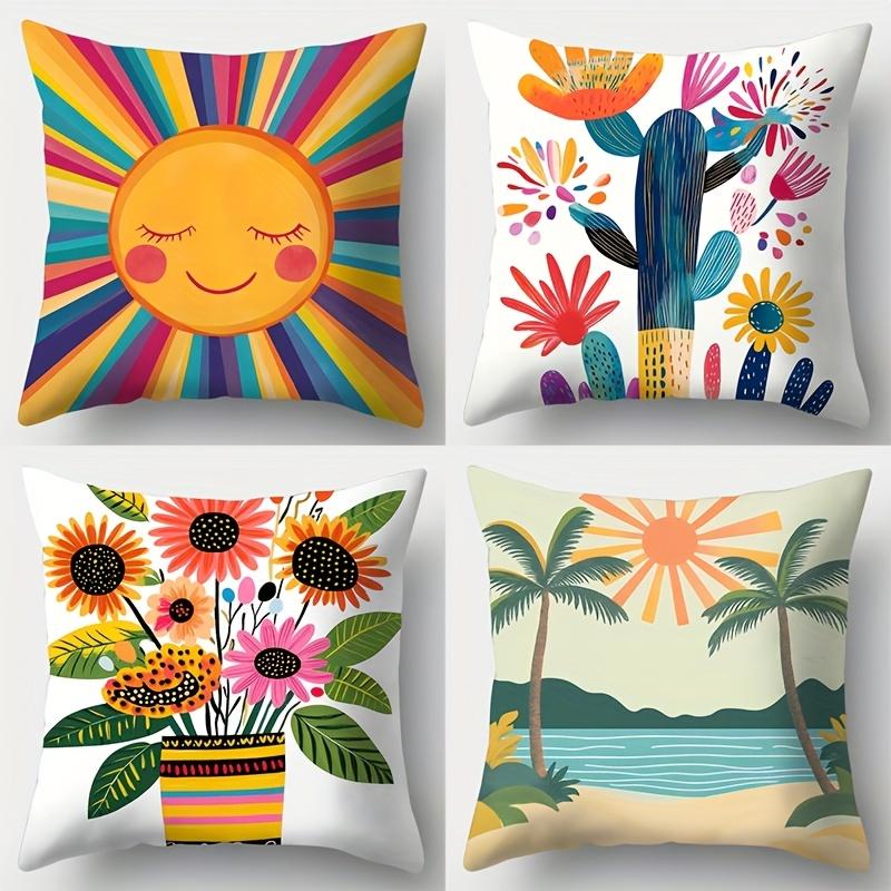4pcs Set, Sofa Pillow Case, Cartoon Sun And Cactus Pillow Case,45x45cm, Single-Sided Print, Home Decoration, Sofa Waist Pi 35x35cm-4pc14x14in