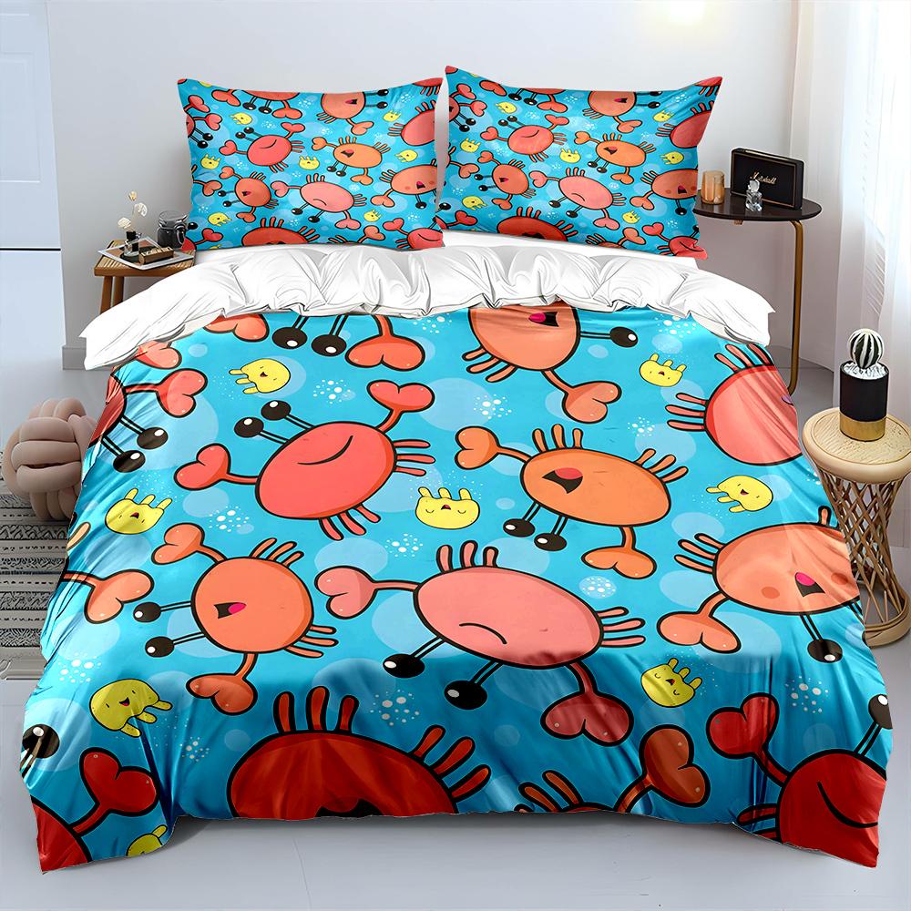 Cartoon Crabs And Smiling Faces Background Print Bedding Set 1Duvet Cover 2 Pillowcases For Adult Children Luxury Gift Full Size