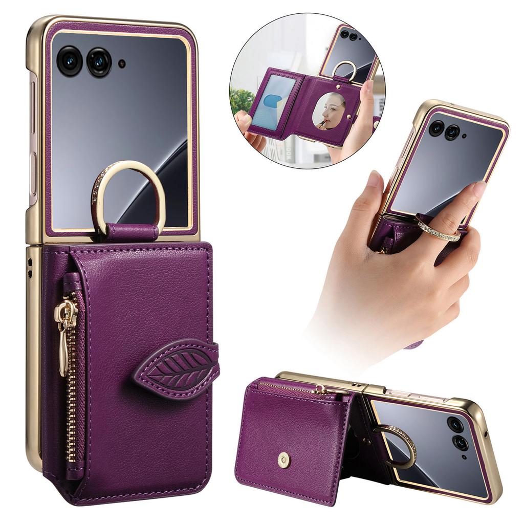 Luxury Zipper Leaf Magnetic Ring Holder Mirror Cards Solt Leather Phone case For Motorola Razr 60 50 Ultra Shockproof Cover