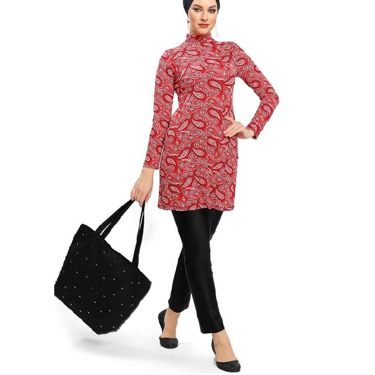 

2-piece Muslim women s elegant cashew flower ethnic style printed seaside swimsuit full coverage swimsuit beachwear burkini swimsuit set (without S бежевий