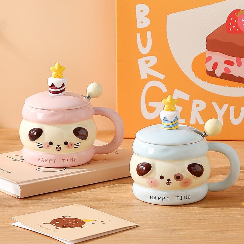 Cartoon-Kuchen Keramiktasse mit Deckel mit Löffel Tasse Mädchen Herz Wasserbecher Mädchen Geburtstagsgeschenk Souvenir