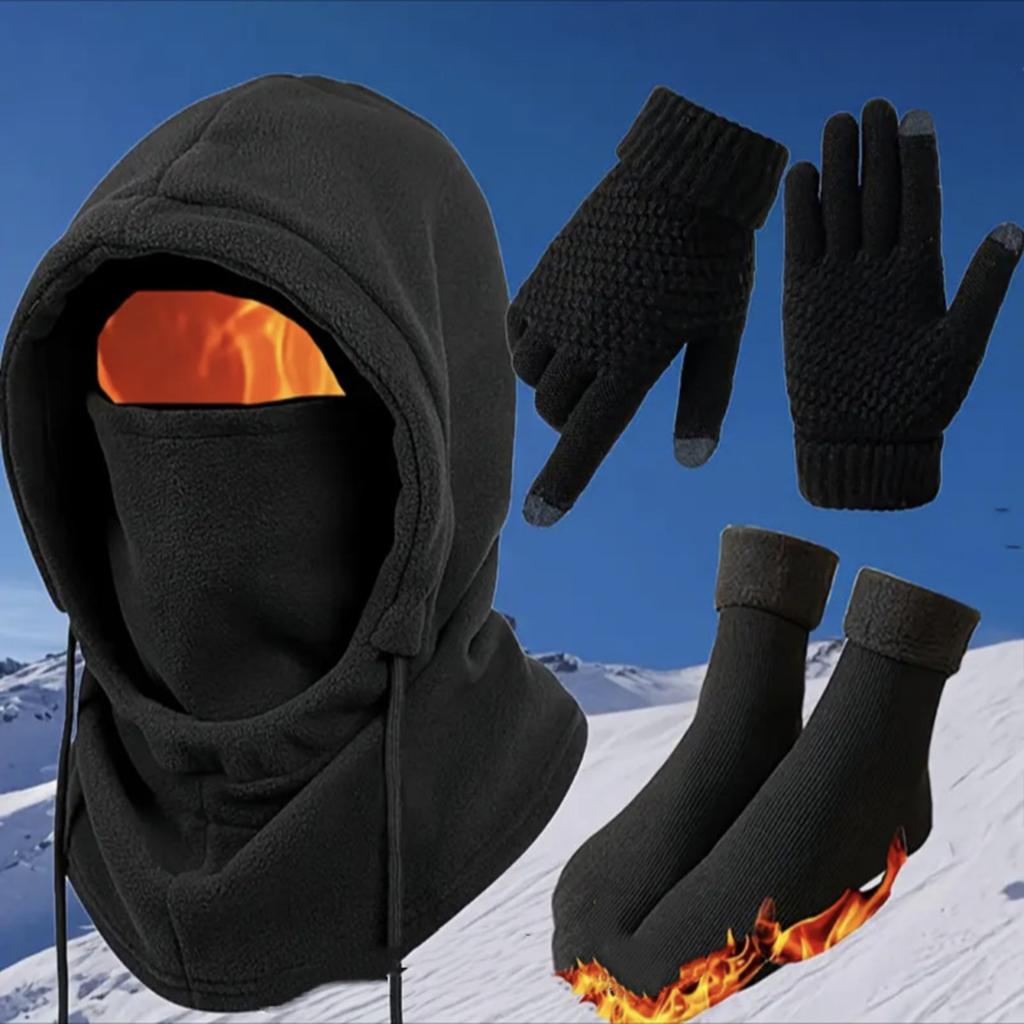 3-4Pcs Winter Hat Gloves Socks Set Windproof Anti-Slip Stretchy Unisex for Outdoor Sports and Daily Use