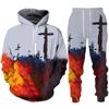 Spring Autumn Fashion Casual Men's Hoodies Set 3D Animal Lion Cross Printing Sweatshirts Sweatpants 2 Piece Set Men Clothing Suit
