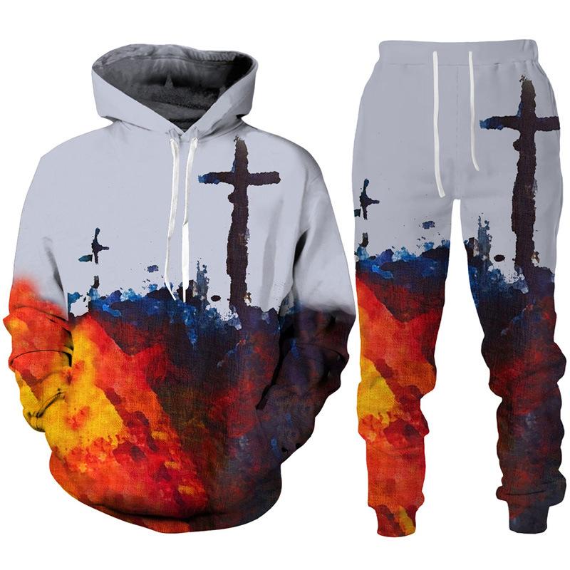 Spring Autumn Fashion Casual Men's Hoodies Set 3D Animal Lion Cross Printing Sweatshirts Sweatpants 2 Piece Set Men Clothing Suit