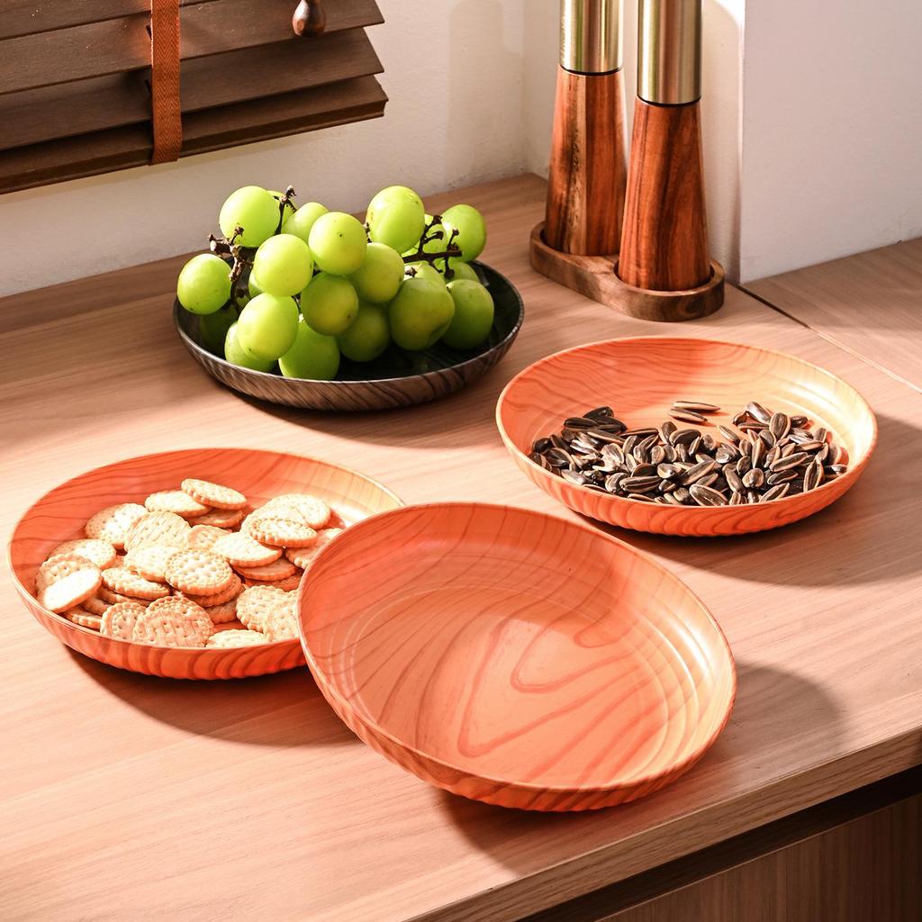 Wood Grain Round PP Plastic Tray: Dried Fruit, Snack, and Tea Serving Plate for Living Room and Cafe