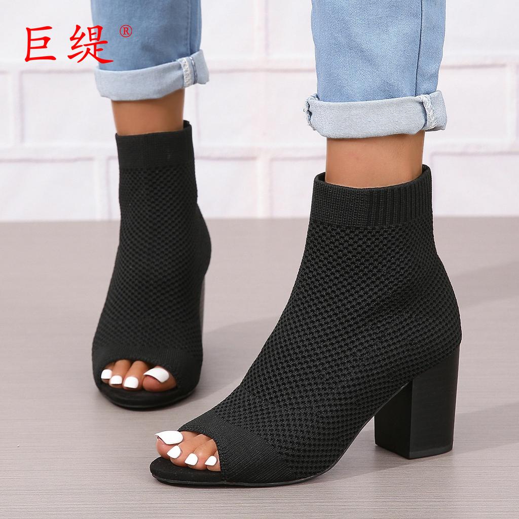 New Fish Mouth Fashion Large Size High-heeled Women's Shoes Knitted One-pedal Women's Sandals