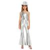 Children‘s Disco Dance Costume Sequins Tassels One Shoulder Sleeveless High Waist Flared Jumpsuit and Fedora Hat for Party Performance