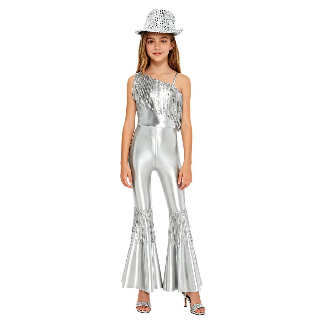 Girls Jazz Dance Jumpsuit Sleeveless One Shoulder with Sequins Tassels High Waist Bell Bottoms and Fedora Hat for Pageant Banquet