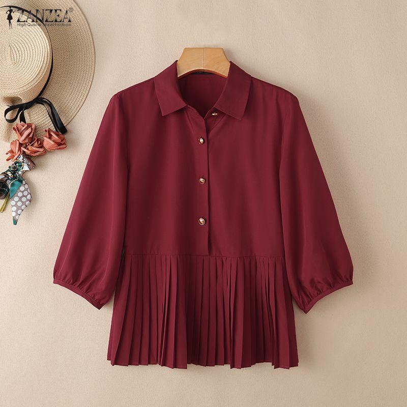 ZANZEA Women Long Sleeve Lapel Collar Pleated Peplum Hem Casual Button Down Shirt Blouse