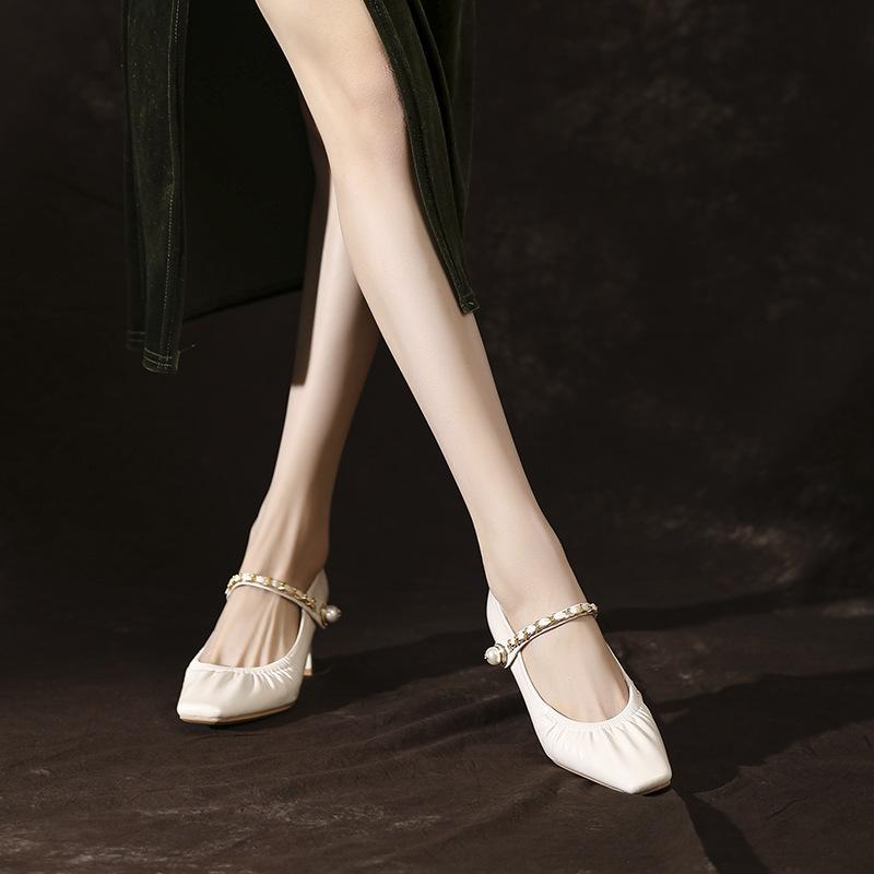 Leather Retro Pleated Square Head Mary Jane Shoes Women's Word with Chain Thick Heel Single Shoes