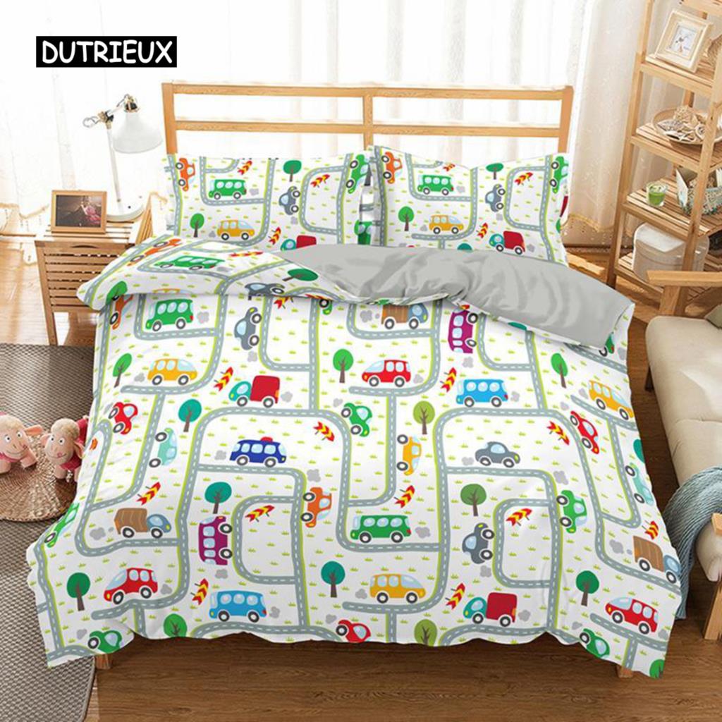 Travel Guide Duvet Cover Set Cartoon Route Car House Building Pattern Bedding Set Microfiber Travel Theme King Size Quilt Cover