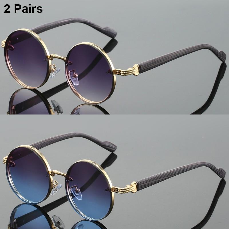 2 Pcs Women Round Sunglasses Sets Stylish Multicolor Gradient Shades Popular Imitation Wood Grain Sun Glasses for Travel Holiday