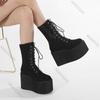 Women Wedge Boots Plush Warm Winter Boots Suede Women Mid-calf Boots Lace Up Gothic11cm Heels Height Increasing Platform Booties
