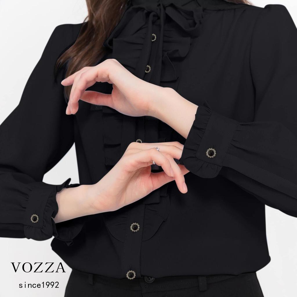 VOZZA Ruffled High Neck Long Sleeve Chiffon Dress Open Solid White Perfect for Entrance and More Women's Shirt, No-Iron, Collar, Stand-Up Collar,
