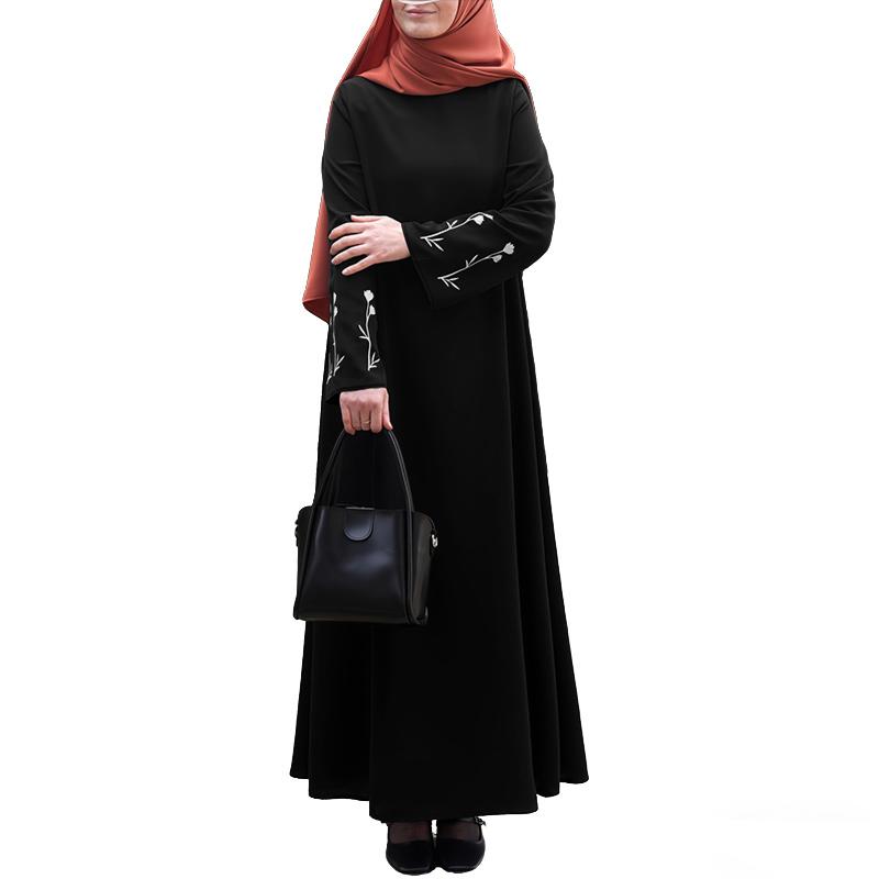 ZANZEA Women Round Neck Casual Floral Embroidery Long Sleeve Loose Muslim Dress