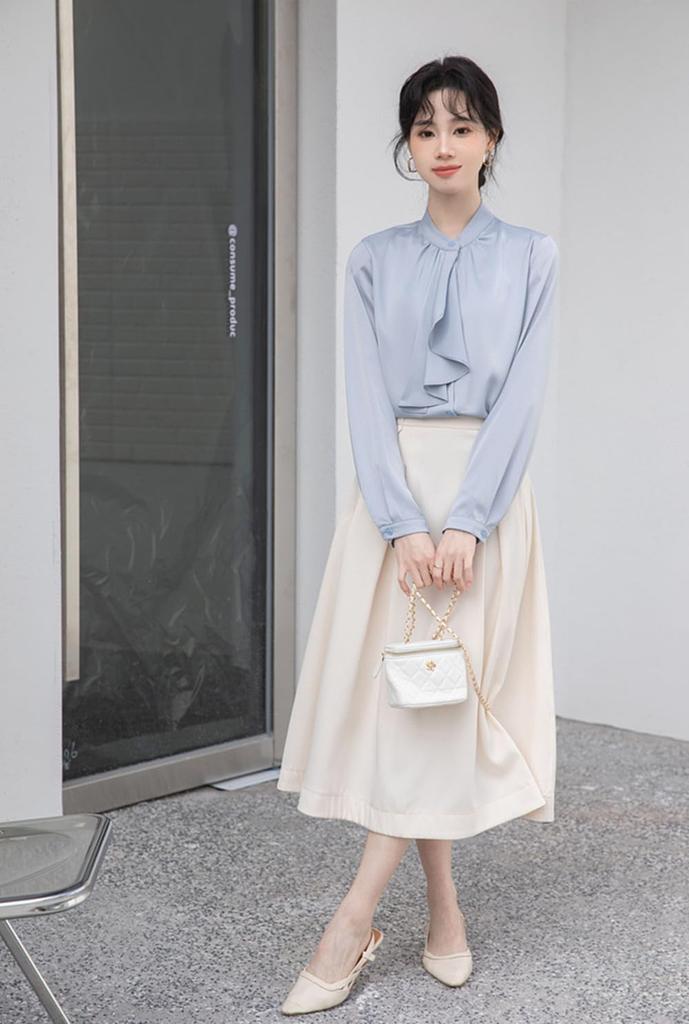 [SYitong] Women's Long-Sleeved Plain Blouse, Stylish, Washable, Collarless, White/Pink, Lined, Business/Office, Cute, Popular, Date, Outing, Commuting