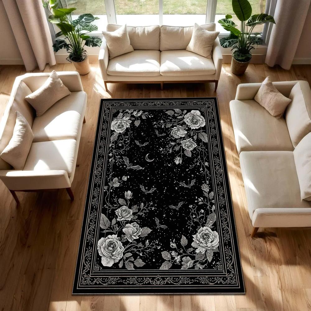 Dark Gothic Celestial Rose Print Area Rug, Ornate Vintage Floor Mat for Living Room Bedroom Kitchen Dorm Office Home Decor