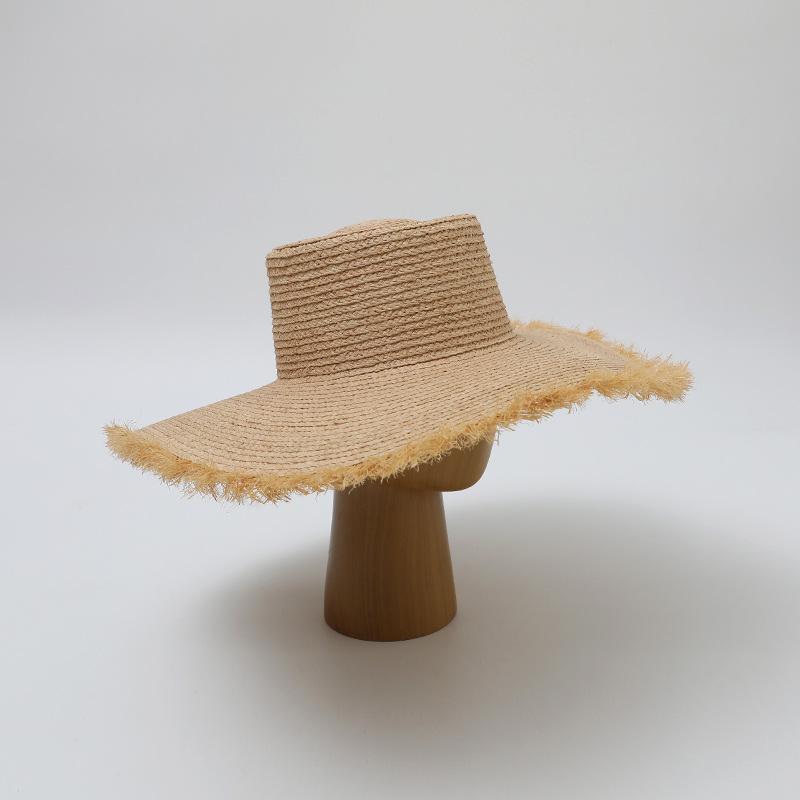 

Summer Natural Raffia Hats for Women Handmand 14cm 18cm Large Wide Brim Beach Visor Caps Elegant Flat Top Sun Hat Hand Knitting 55-59cm