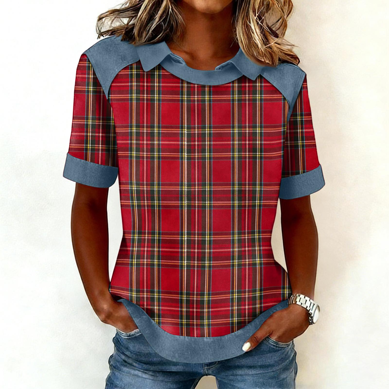 

Women s Fashion Collar Cowboy Splicing Sweatshirt Casual Printed Hoodie Short Sleeve Shirt Top XL винний
