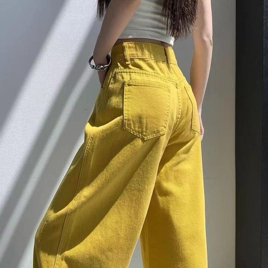 High Street Women's High-Waisted Yellow Wide-Leg Jeans - 2026 Summer Casual Hip-Covering Scythe Pants
