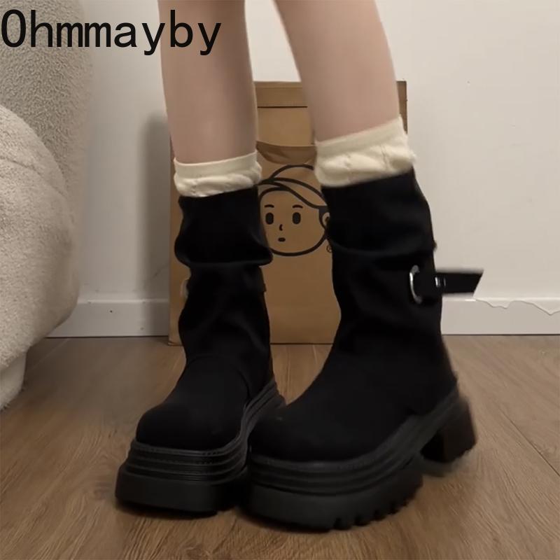 Vintage Platform Thick Bottom Women Ankle Boots Fashion Belt Buckle Autumn Winter Female Trouser Legs Short Booties