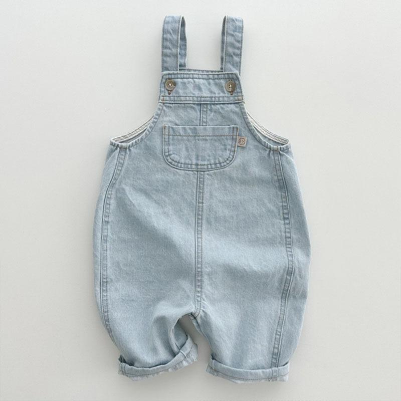 

Spring Summer Children Boy Jeans Patched Pocket Toddler Boy Suspenders Solid Button Sling Infant Baby Boy Denim Pant 100cm небо синє кольору
