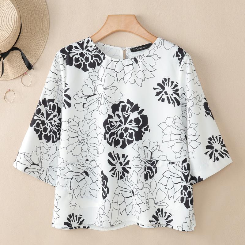 

ZANZEA Women Summer Printing Casual Round Neck 3/4 Sleeve Loose Blouse S білий