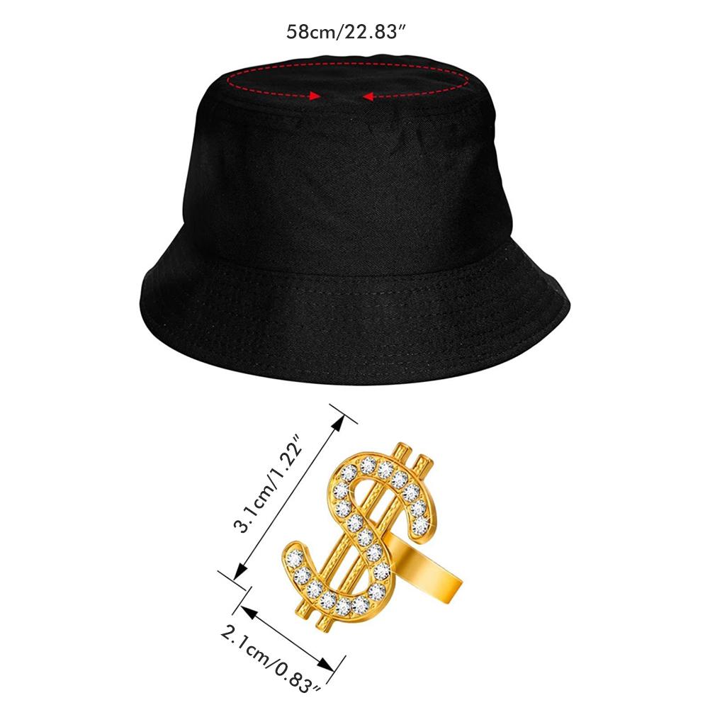 4-teiliges Hip-Hop-Kostümset Fischerhut Sonnenbrille Dollarzeichen-Kette Ring Rapper-Accessoires Cooler Look