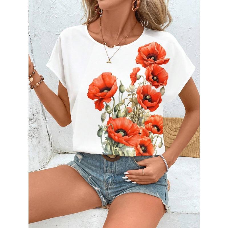 Summer Round Neck 3D Print Flower Pattern Top Fashionable Casual Short Sleeved Women's T-shirts