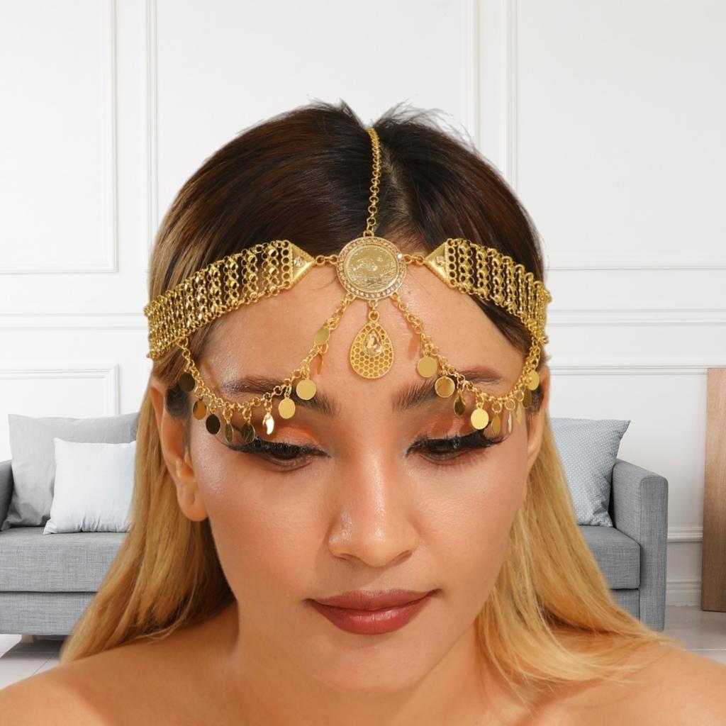 Orientalischer Kopfschmuck Goldfarbene Legierung Münze Strass Wassertropfen Paillette Quaste Kopfkette Hochzeit Braut Kopfschmuck